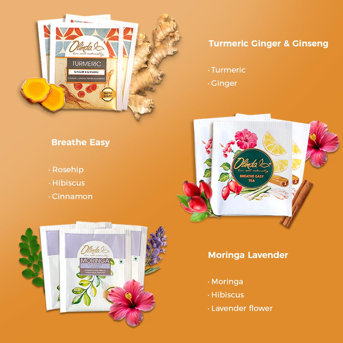 Olinda Health & Vitality Tea Gift Box with tea bags arranged to highlight variety