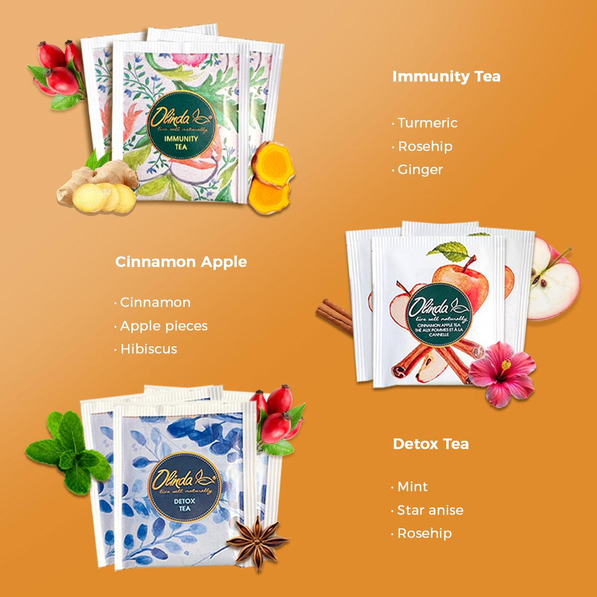 Olinda Moringa Citrus tea packet closeup shows vibrant color and ingredients