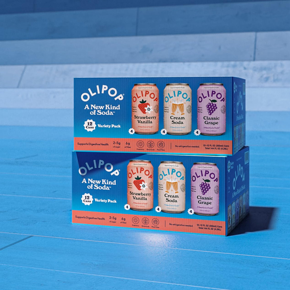 OLIPOP back-of-pack display; per-can calories under 50 and sugar 2-5g.