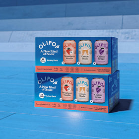 OLIPOP back-of-pack display; per-can calories under 50 and sugar 2-5g.
