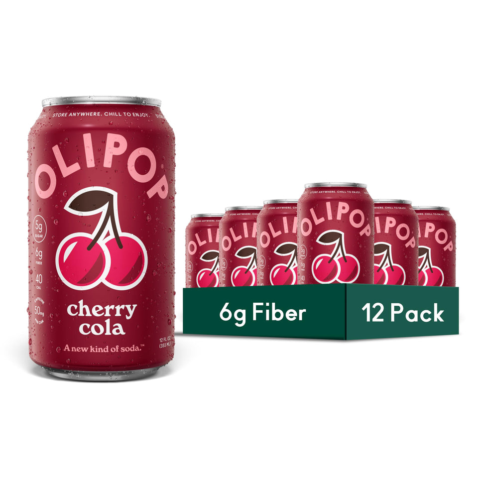 OLIPOP Cherry Cola can close-up highlighting prebiotic fiber and natural flavor