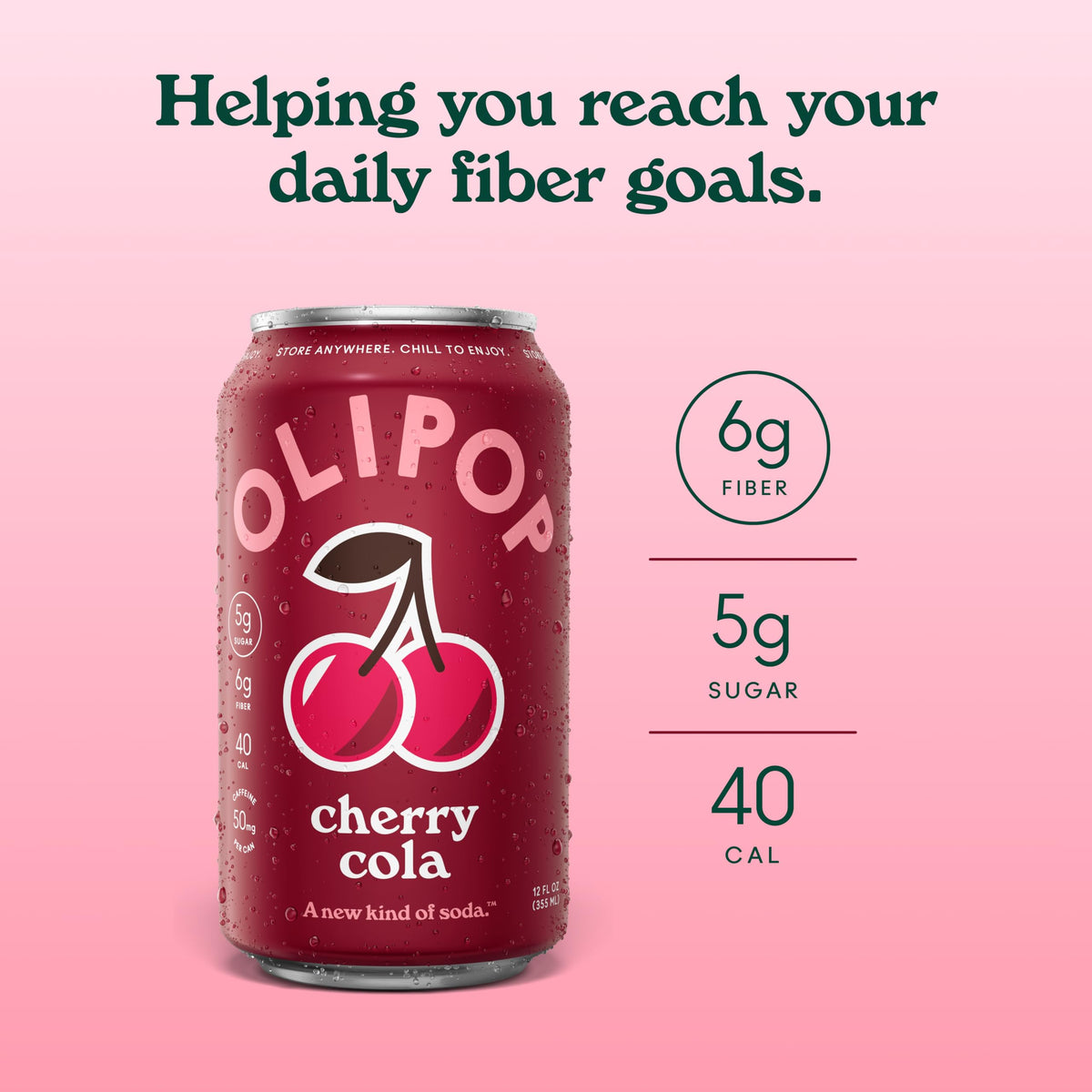 OLIPOP Cherry Cola ingredients bottle detail emphasizes botanicals and fiber