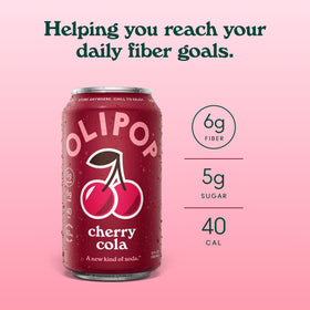 OLIPOP Cherry Cola ingredients bottle detail emphasizes botanicals and fiber