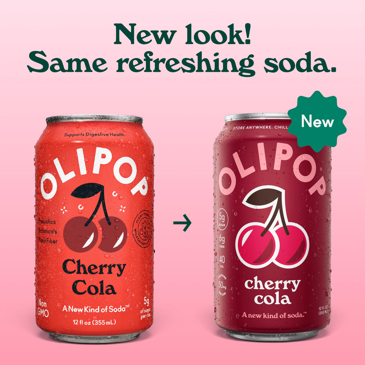 OLIPOP Cherry Cola pantry pack label shows gluten-free, non-GMO ingredients