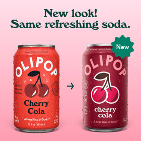 OLIPOP Cherry Cola pantry pack label shows gluten-free, non-GMO ingredients