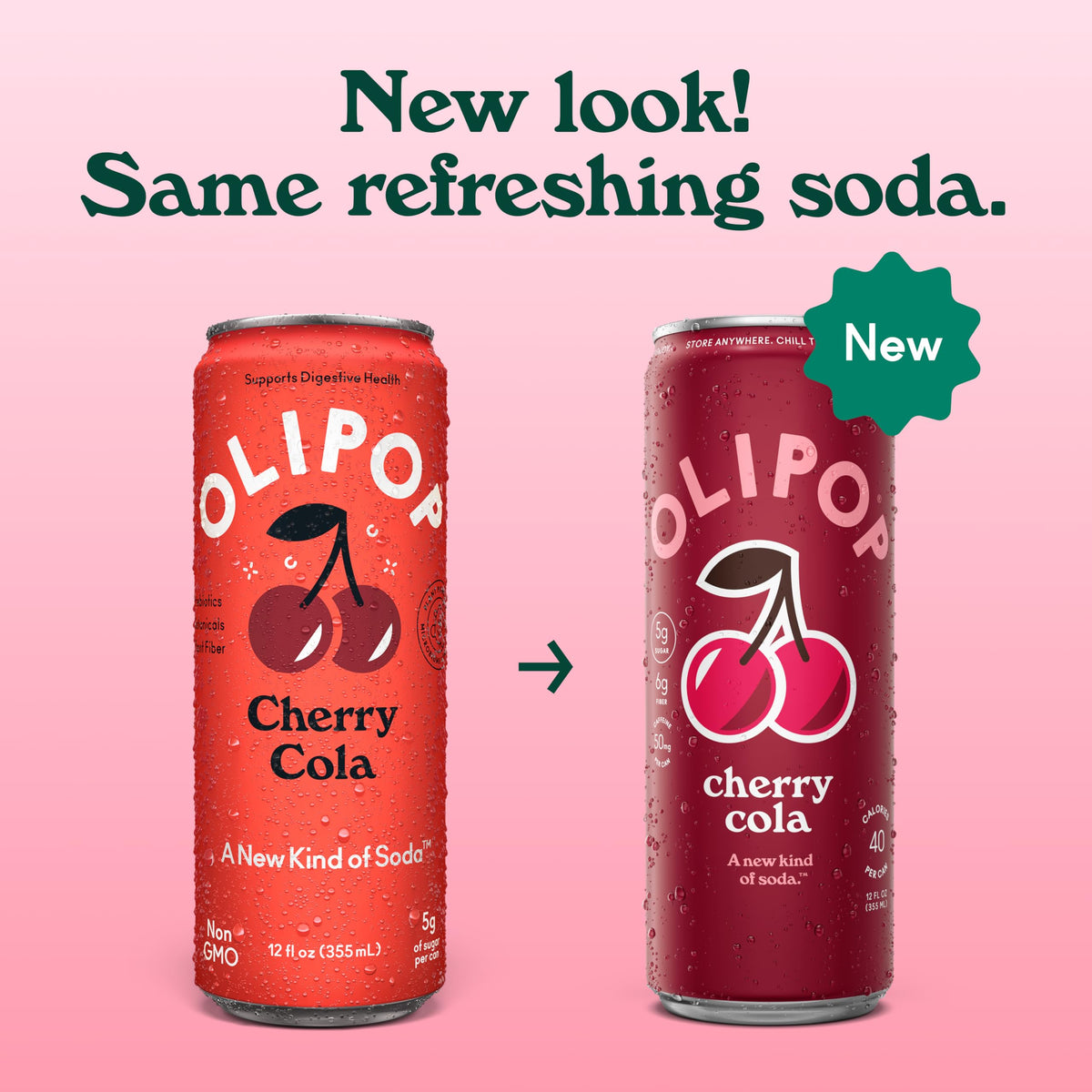 OLIPOP Cherry Cola being poured into a glass, vibrant color for a refreshing break