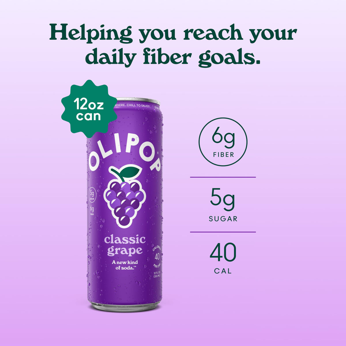 OLIPOP Classic Grape ingredients close-up highlighting prebiotics and fiber.