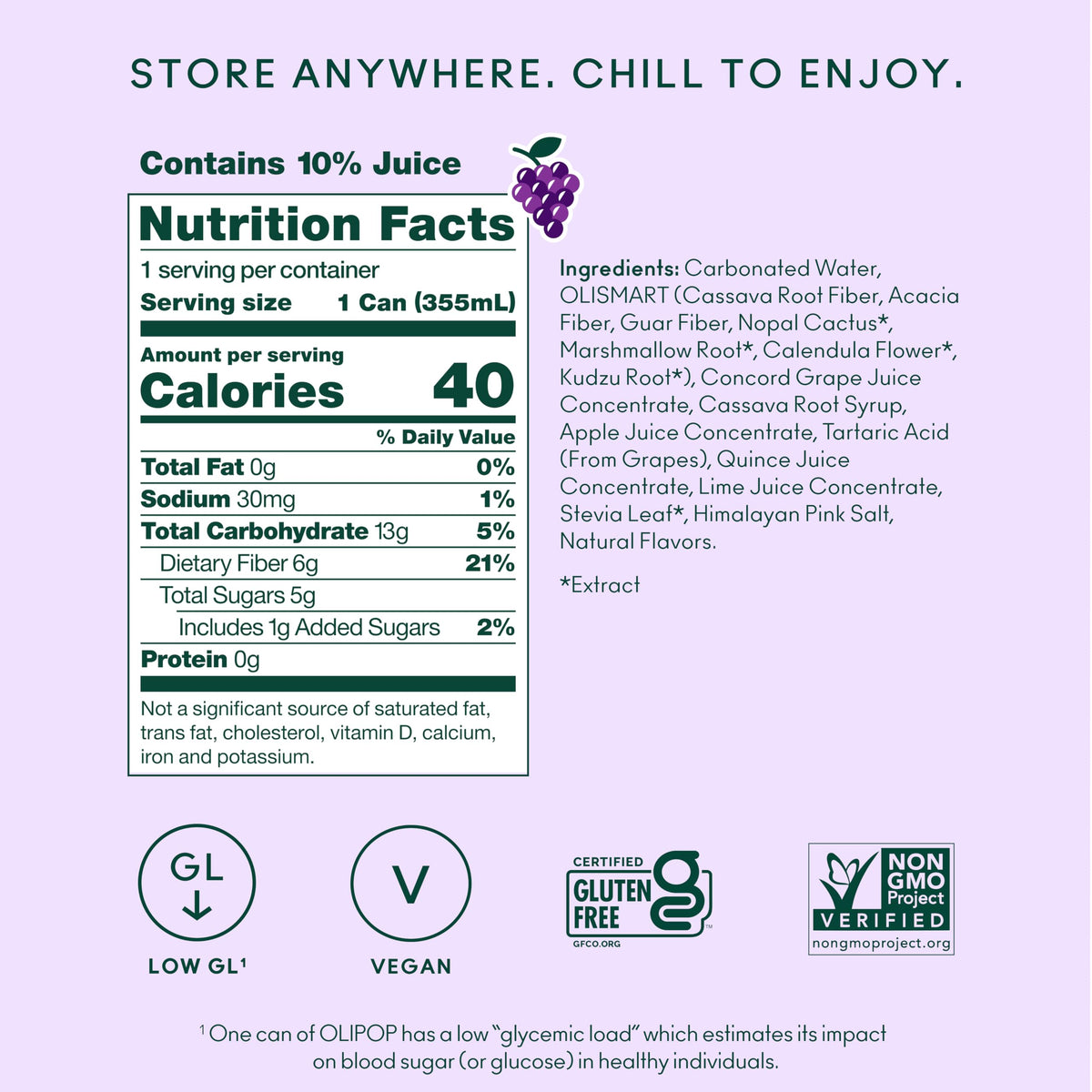 OLIPOP Classic Grape 12-pack packaging on pantry shelf, non-GMO and keto-friendly.