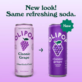 OLIPOP Classic Grape being poured into a glass with real grape flavor.