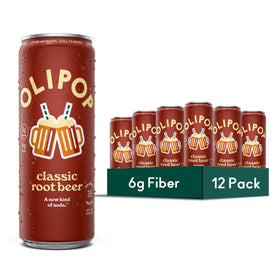 OLIPOP Classic Root Beer can front view highlighting prebiotics for digestive balance
