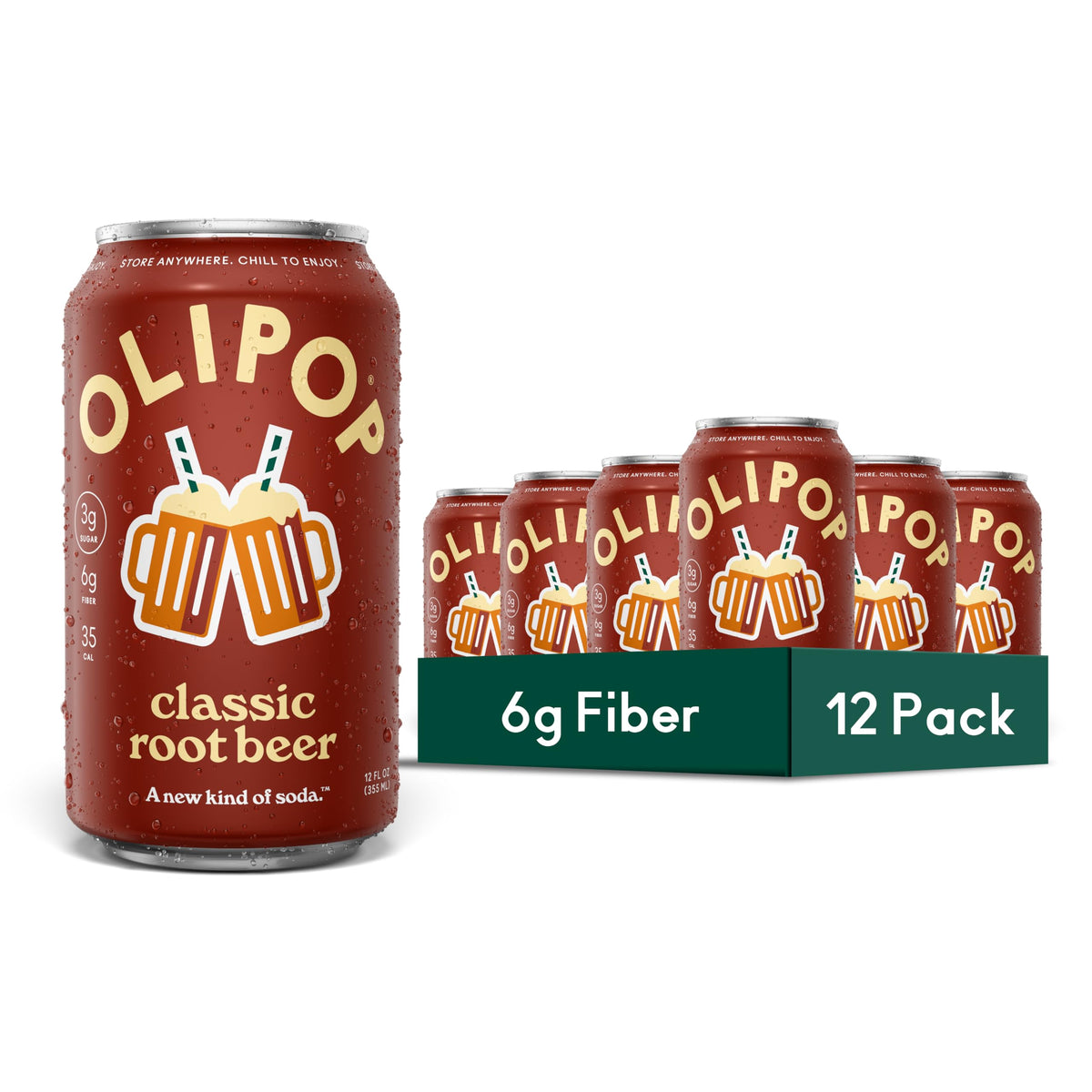 OLIPOP Classic Root Beer can side view showing nostalgic branding and refreshing taste