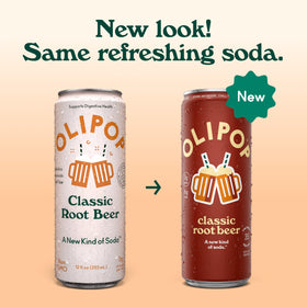 OLIPOP Classic Root Beer can side view in a pantry-ready package