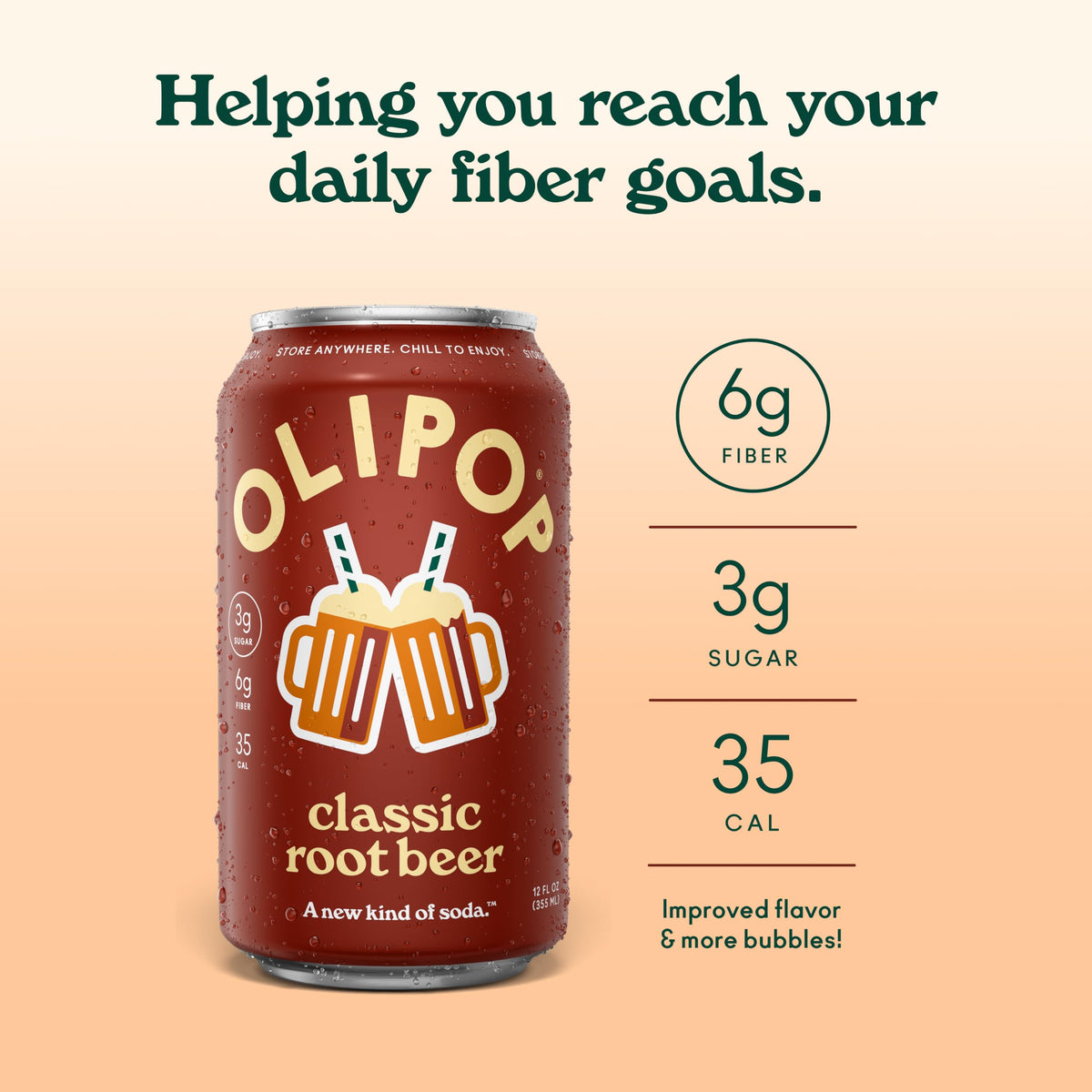 OLIPOP Classic Root Beer label close-up displaying non-GMO and gluten-free ingredients