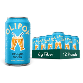 OLIPOP Cream Soda can close-up showing vanilla flavor and fiber boost.