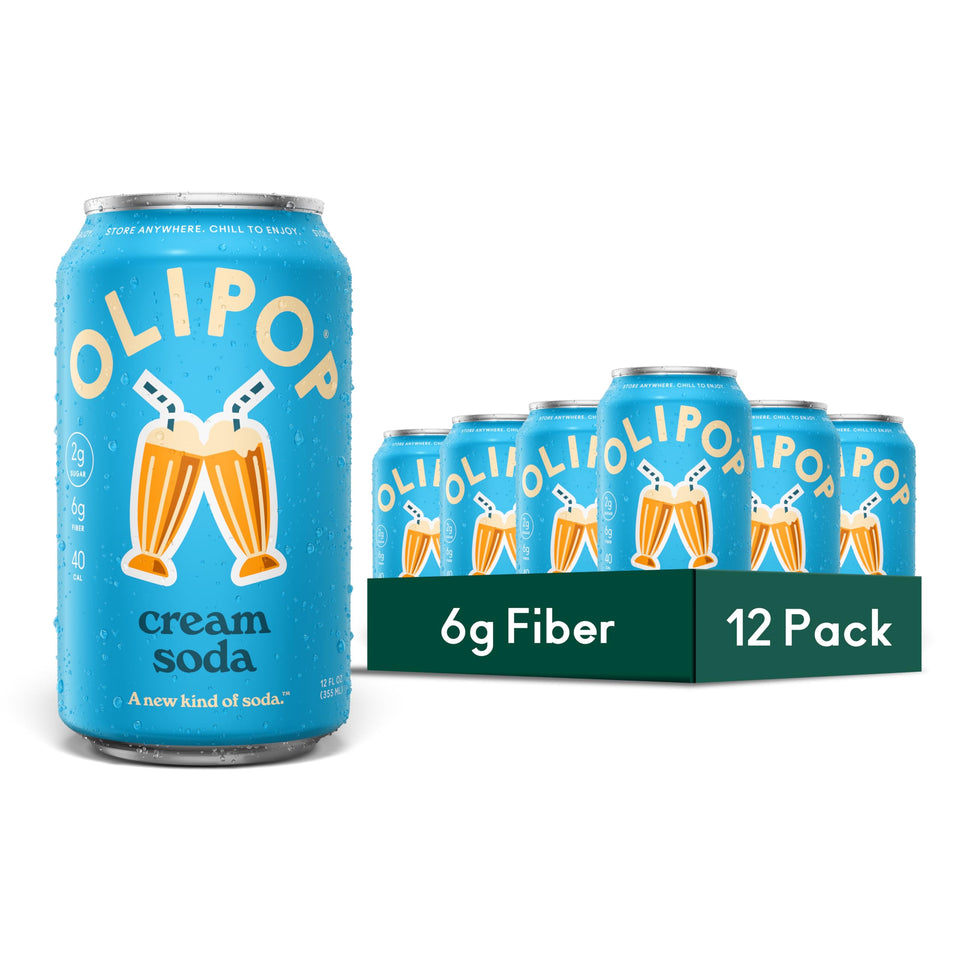 OLIPOP Cream Soda can close-up showing vanilla flavor and fiber boost.
