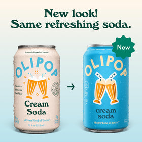 OLIPOP Cream Soda being poured into a glass with a creamy vanilla aroma.