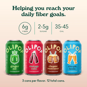 OLIPOP Cream Soda glass shows creamy finish with botanicals and gluten-free formula.