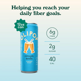 OLIPOP Cream Soda label closeup showing fiber and botanicals in each serving
