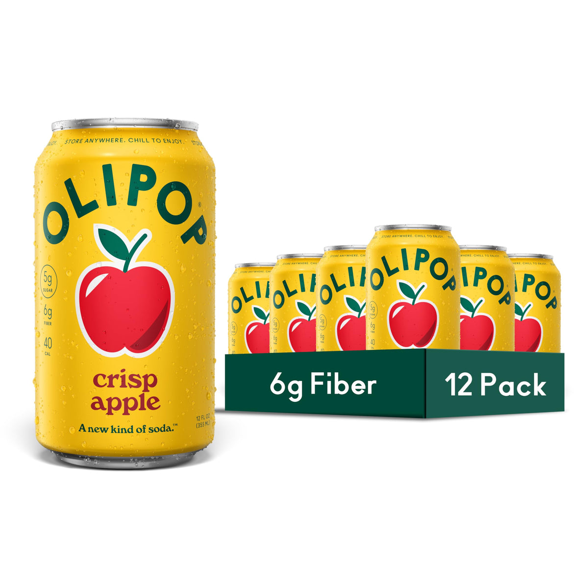 OLIPOP Crisp Apple can on a kitchen counter, highlighting prebiotics and fiber