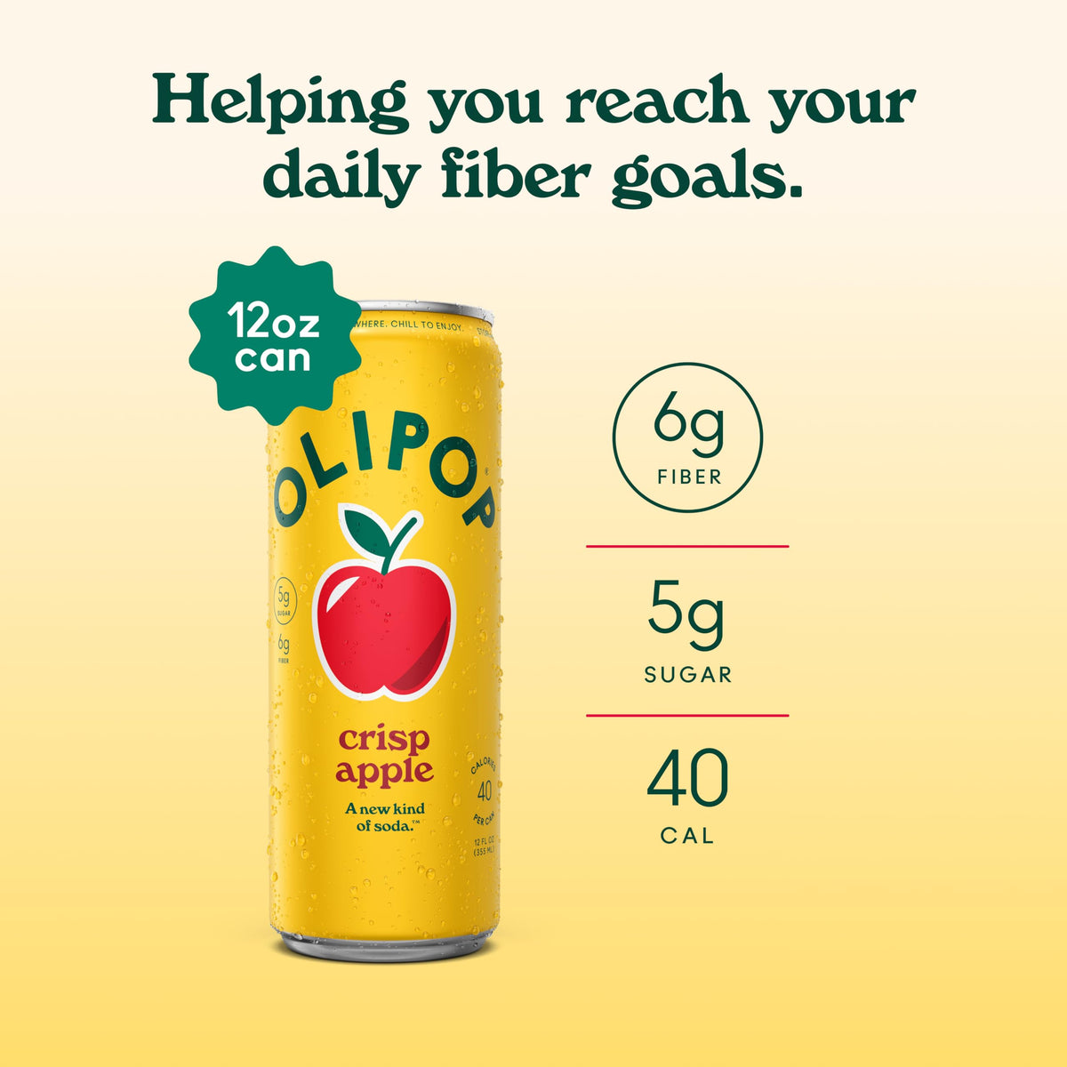 OLIPOP Crisp Apple bottle and can, highlighting gluten-free, non-GMO beverage.