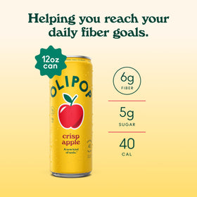 OLIPOP Crisp Apple bottle and can, highlighting gluten-free, non-GMO beverage.