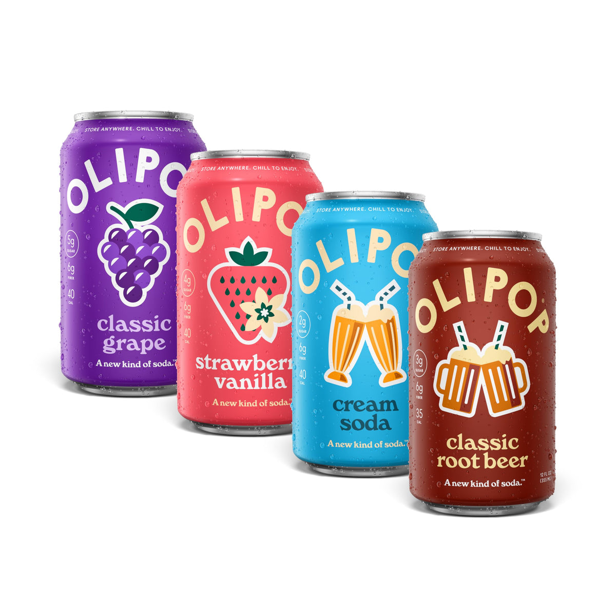 OLIPOP Favorites Variety Pack 12oz cans on display, prebiotic beverage with fiber and botanicals.