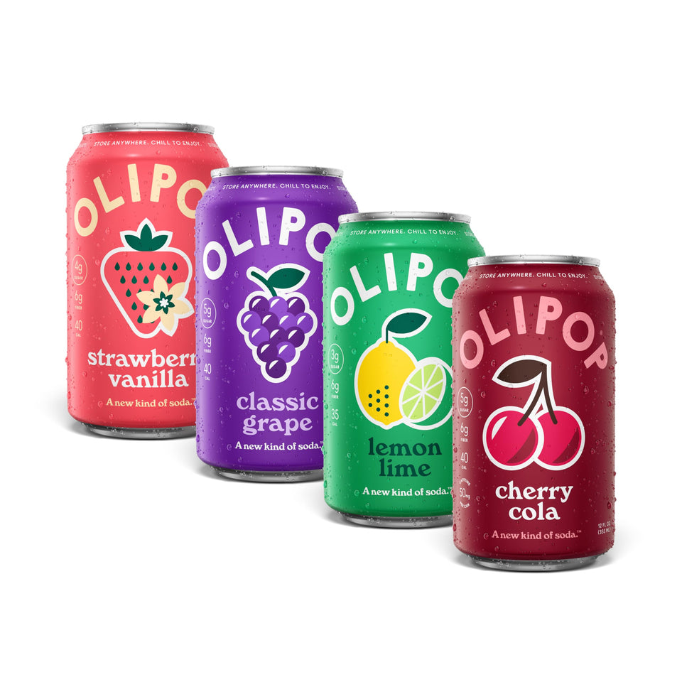 OLIPOP Fruity Freshness Variety Pack display with four flavors, offering prebiotic options for daily refreshment