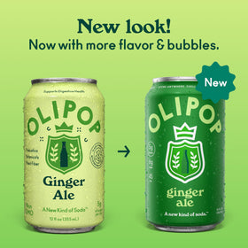OLIPOP Ginger Ale can close-up highlighting gluten-free and GMO-free ingredients