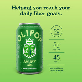 OLIPOP Ginger Ale ingredients label shows prebiotics and fiber for gut-friendly sipping