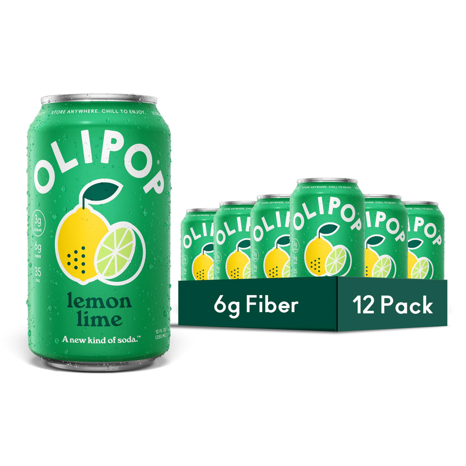 OLIPOP Lemon Lime can front view highlighting classic flavor and prebiotic benefits.