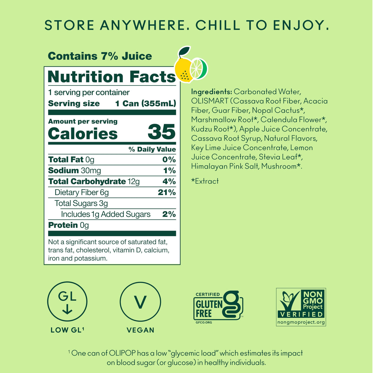 OLIPOP Lemon Lime 12-pack on pantry shelf, convenient for stocking up.