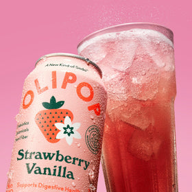 OLIPOP nutrition label close-up; gluten-free and GMO-free beverage.