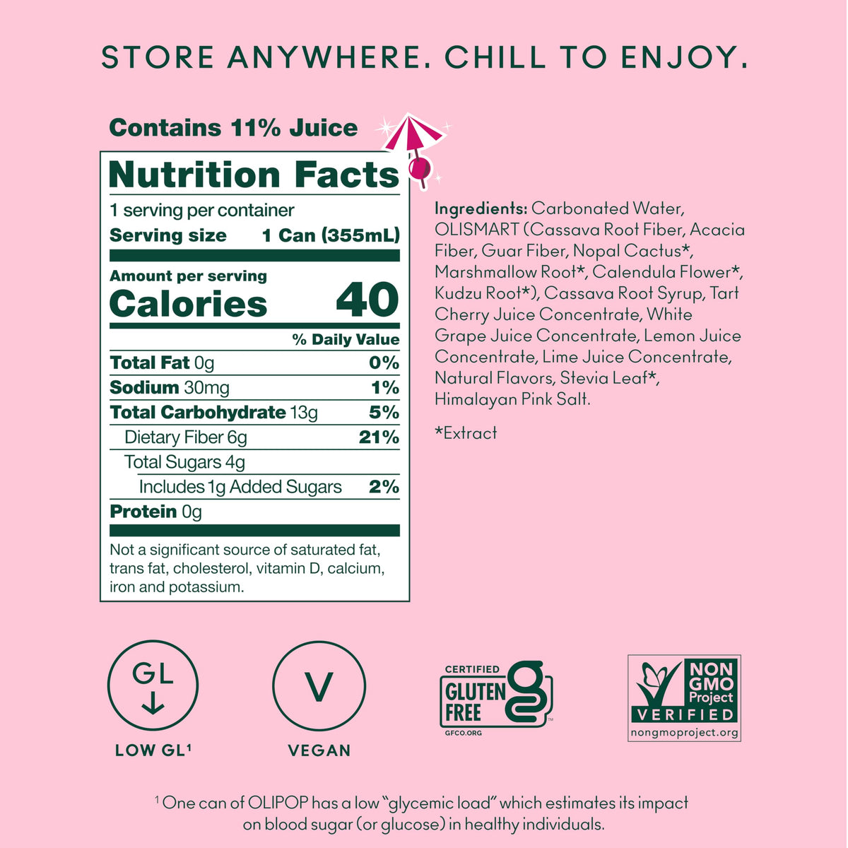 OLIPOP prebiotic fiber botanicals ingredients close view on label.