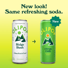 Close-up of OLIPOP Ridge Rush can highlighting citrus fusion and clean label.