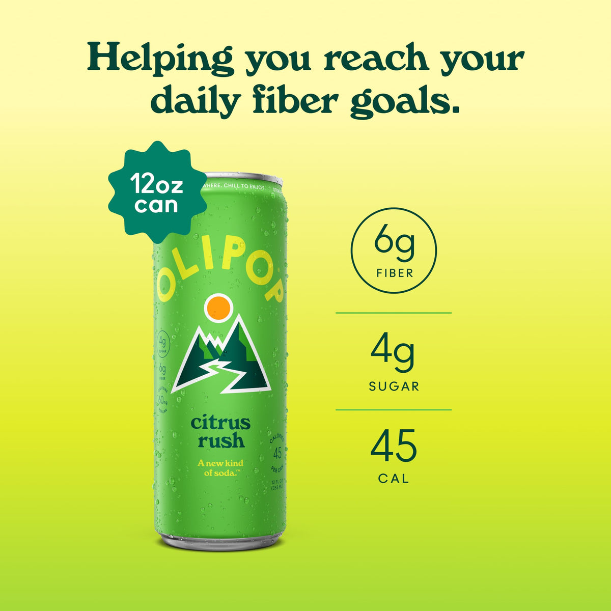 OLIPOP Ridge Rush ingredients with botanicals and prebiotic fiber.