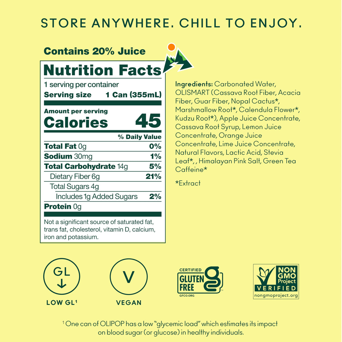 Store shelf featuring OLIPOP Ridge Rush gluten-free, non-GMO packaging.