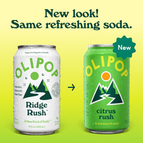 OLIPOP Ridge Rush pantry pack front showing gluten-free, GMO-free ingredients