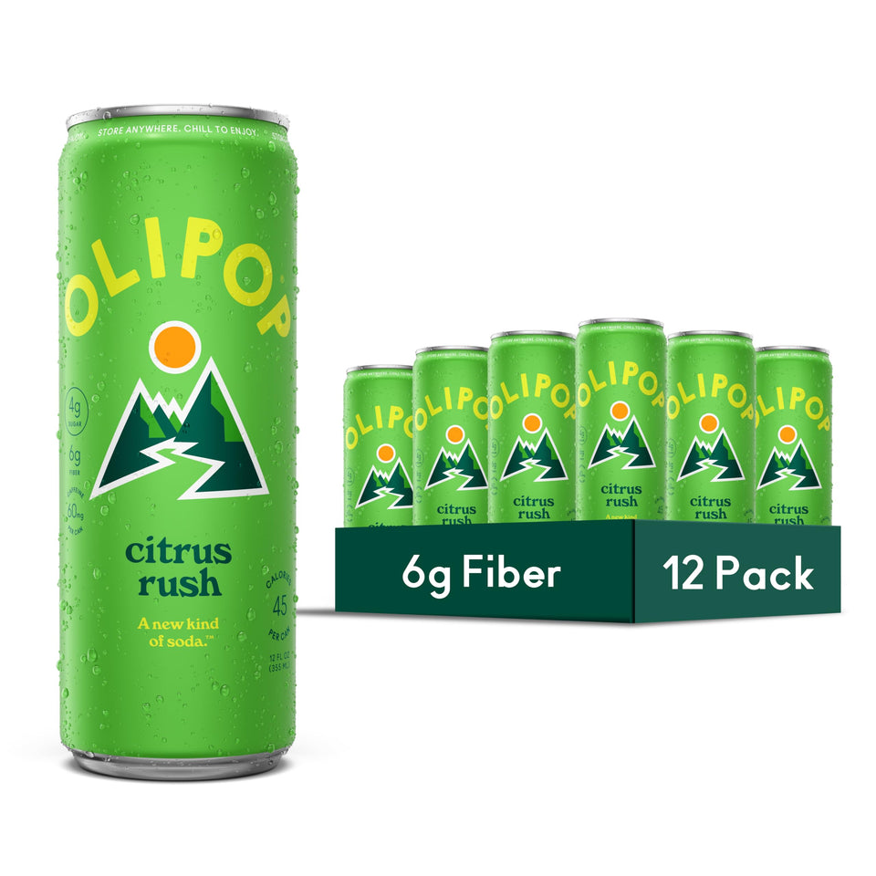 OLIPOP Ridge Rush skinny cans in a 12-pack, refreshing prebiotic beverage.