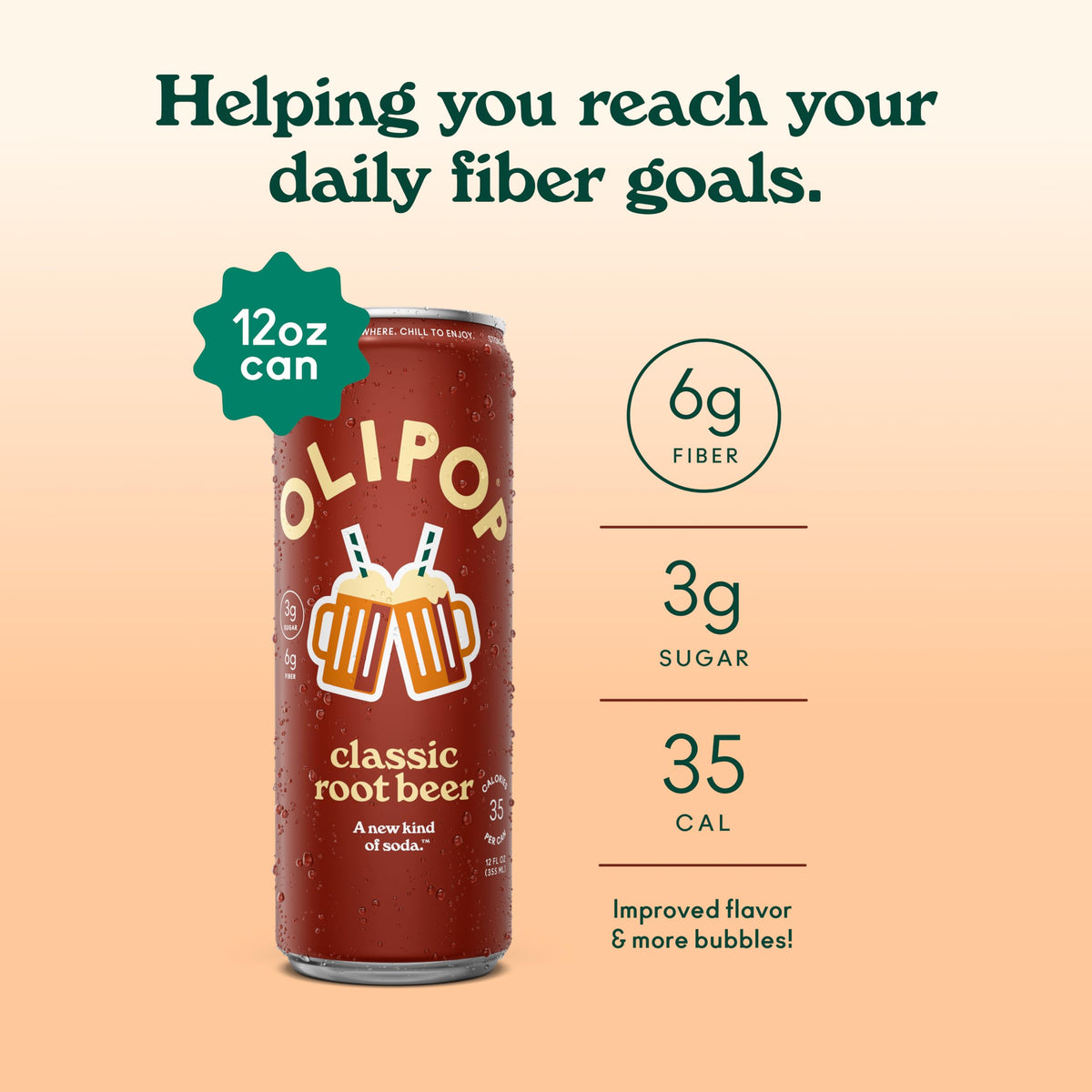 OLIPOP Root Beer label close-up showing gluten-free and GMO-free ingredients