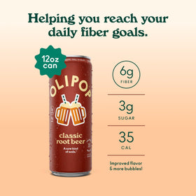 OLIPOP Root Beer label close-up showing gluten-free and GMO-free ingredients