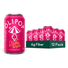 OLIPOP Shirley Temple 12-pack pack shot highlighting gluten-free, non-GMO ingredients.