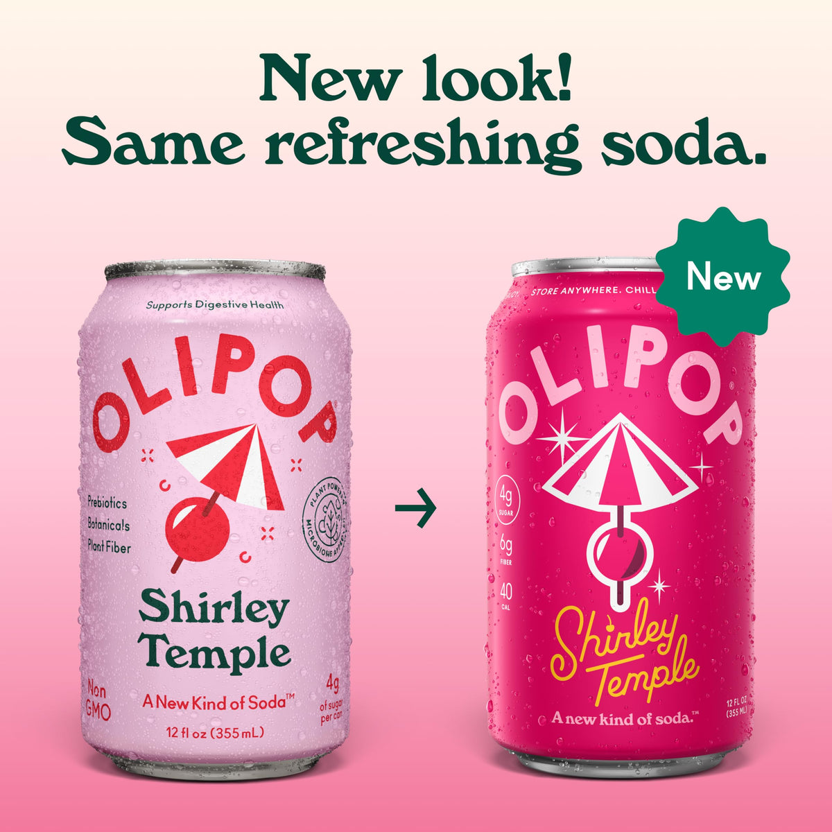 OLIPOP Shirley Temple can close-up showing natural flavors and prebiotic fiber.