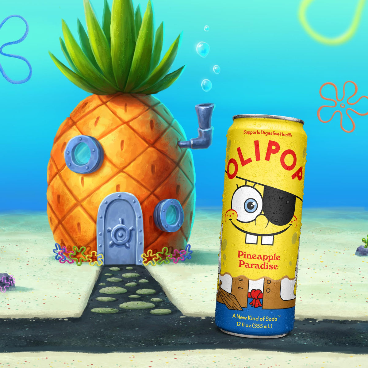 OLIPOP SpongeBob Pineapple Paradise side-pack demonstrates 12-pack convenience