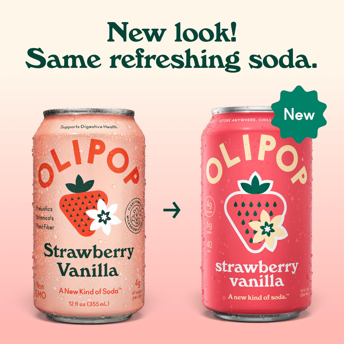 OLIPOP Strawberry Vanilla can closeup highlights natural ingredients and fiber for a tasty boost.