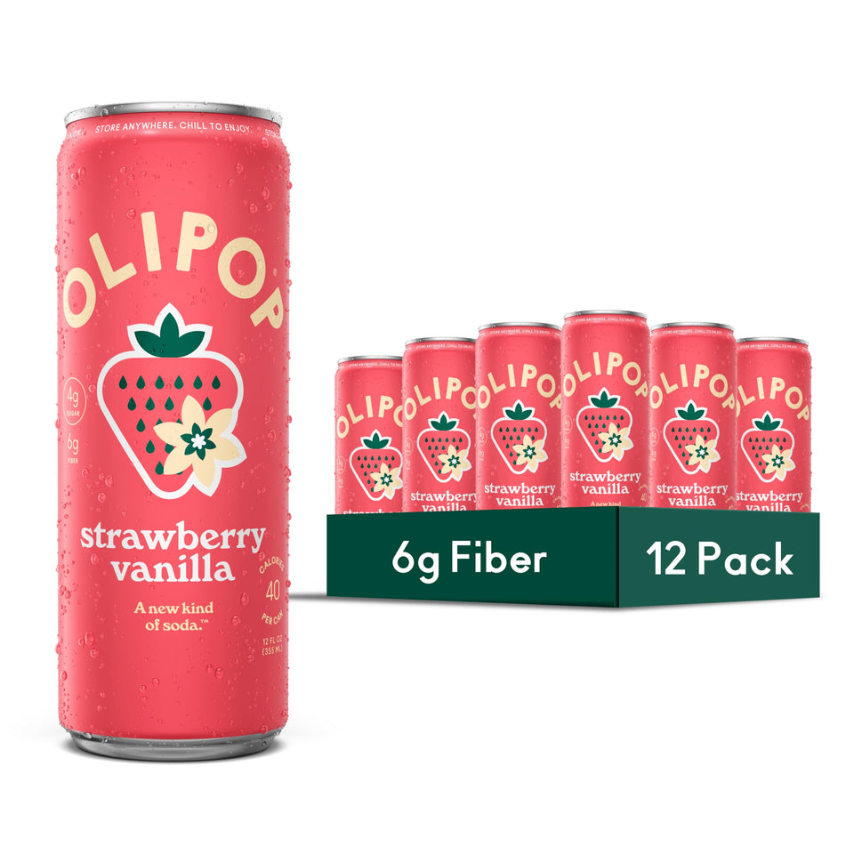 OLIPOP Strawberry Vanilla can front view showing refreshing flavor and fiber.