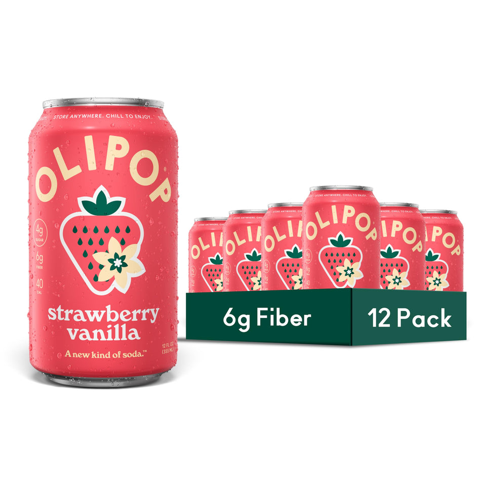 OLIPOP Strawberry Vanilla can being poured into a glass for a refreshing, gut-friendly sip.