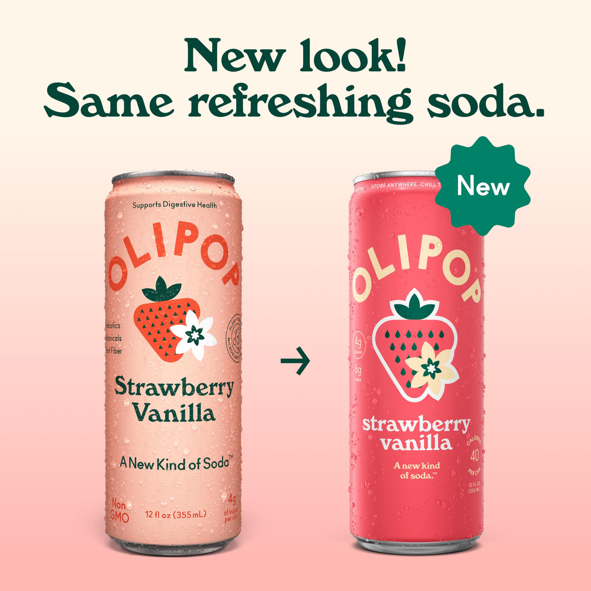 OLIPOP Strawberry Vanilla can side angle highlights packaging and gluten-free appeal.