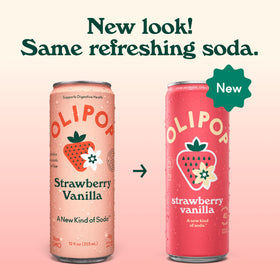 OLIPOP Strawberry Vanilla can side angle highlights packaging and gluten-free appeal.