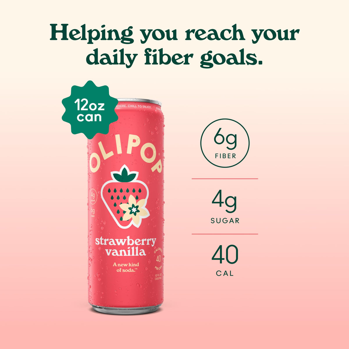 OLIPOP Strawberry Vanilla label close-up emphasizes non-GMO and clean ingredients.