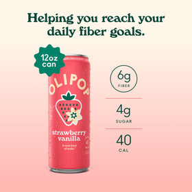 OLIPOP Strawberry Vanilla label close-up emphasizes non-GMO and clean ingredients.
